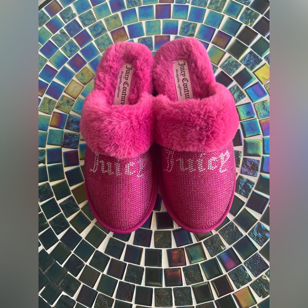 Juicy Couture Hot Pink Faux Fur Crystal Logo Slippers